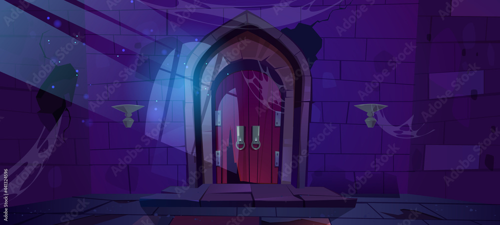 Abandoned dungeon, medieval castle night interior with moonlight fall on wood arched door and barred window shadow on cracked stone wall with spiderweb. Dilapidated palace Cartoon vector illustration