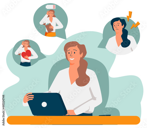 Woman expressing strong various feelings and emotions. Girl suffering from distracted behavior and mood changes. Vector illustration for mental disorder, psychology, stress, crisis concept