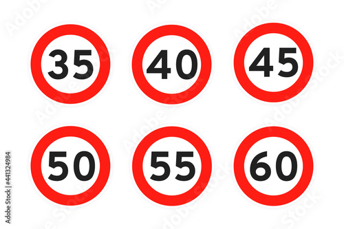 Speed limit 35, 40, 45, 50, 55, 60 round road traffic icon sign flat style design vector illustration set isolated on white background. Circle standard road sign with number kmh.