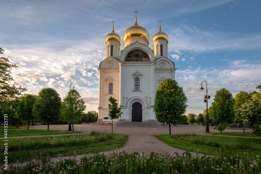Cathedral of the Holy Great Martyr Catherine at dawn in the rays of the rising sun, Pushkin, St. Petersburg, Russia