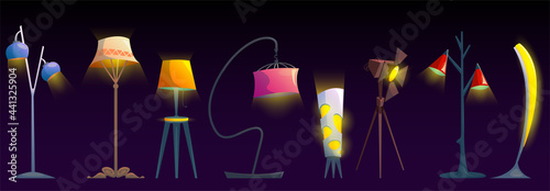 Lamps, ceiling and floor glowing electric bulbs, incandescent modern lightbulbs, torchere of different shapes and design. Light equipment isolated on black background. Cartoon vector illustration, set