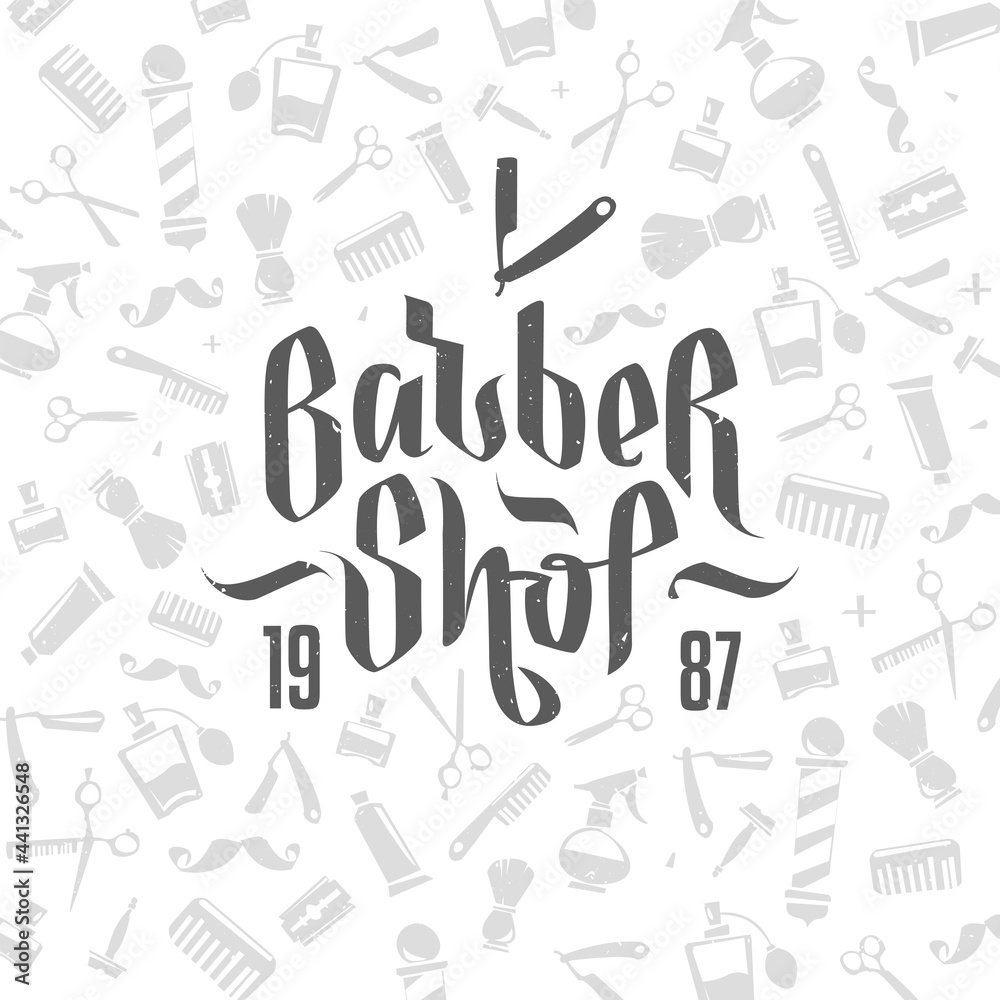 Concept of Barber Shop logo design in lettering style vector template. Barbershop calligraphy for label, badge, emblem design Concept of Barber Shop logo design in lettering style vector template. Barbershop calligraphy for label, badge, emblem design