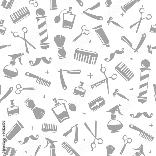 Barber Shop elements seamless pattern endless vector background. Barber tools isolated on blwhite background template for Print fabric design, barbershop decoration paper pattern photo