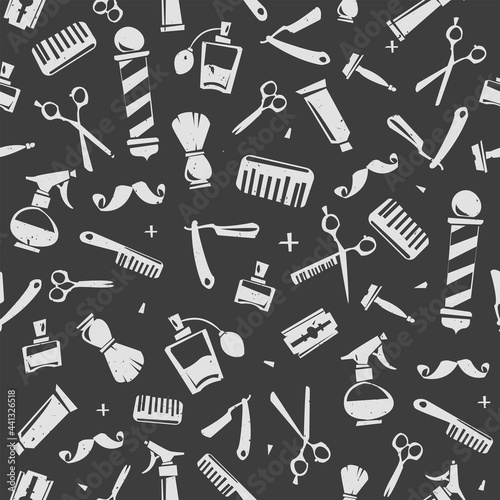 Barber Shop elements Vector seamless pattern and endless background. Barber tools isolated on black background Template for Print fabric design, barbershop decoration paper pattern