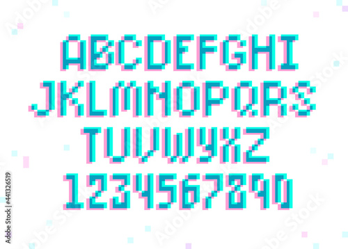 Pixel 8-bit retro type font and numbers in glitch style vector template. Digital futuristic holographic pixel font. Pixelated alphabet and numbers 80s - 90s style isolated on white background