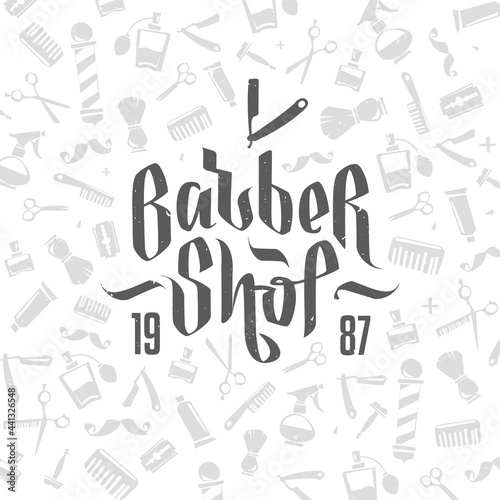 Concept of Barber Shop logo design in lettering style vector template. Barbershop calligraphy for label  badge  emblem design
