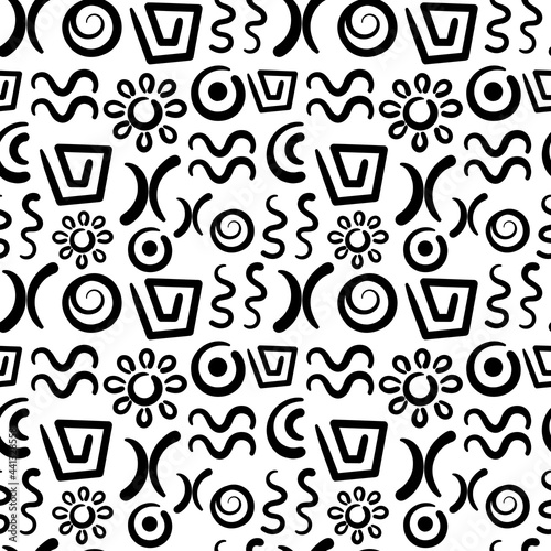 Abstract signs and elements, ancient writing. Seamless pattern. Hand drawn Vector doodles of ancient ethnic traditional symbols. Ritual screen printing. Artistic hand painting