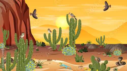 Desert forest landscape at sunset scene with desert animals and plants