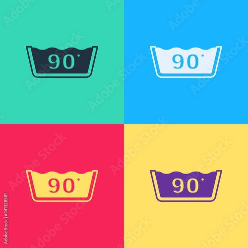 Pop art Washing under 90 degrees celsius icon isolated on color background. Temperature wash. Vector