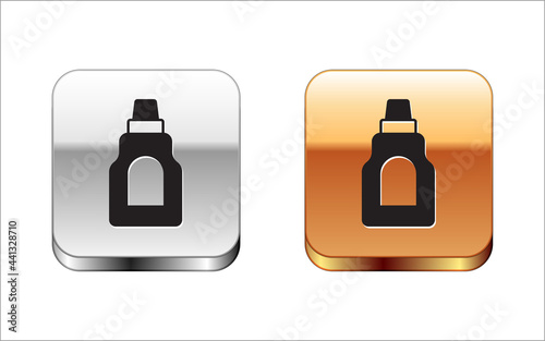 Black Plastic bottle for laundry detergent, bleach, dishwashing liquid or another cleaning agent icon isolated on white background. Silver and gold square buttons. Vector
