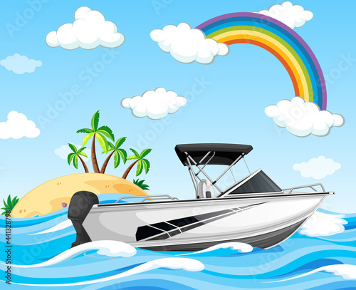Beach scene with a speed boat