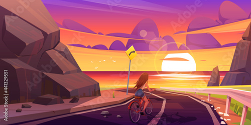 Girl on bicycle riding mountain road at dusk seascape view. Young woman bike trip, travel at highway with beautiful seaview landscape. Journey to ocean at summer holidays, cartoon vector illustration