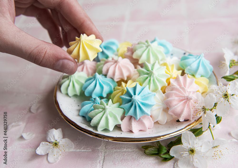 Small colorful meringues in the ceramic plate Small colorful meringues in the ceramic plate