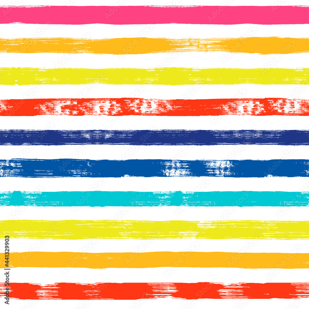 Obraz premium Rainbow striped summer pattern. Bright summer seamless vector background. Paint lines, colorful brush strokes. Colorful stripes