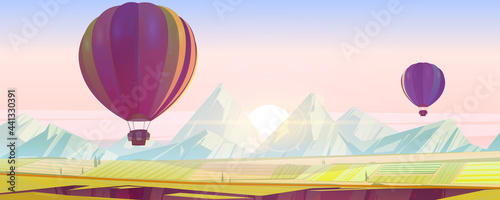 Hot air balloons flying above green fields and mountain peaks in pink morning sky. Scenery landscape background view, aerostat with baskets flight travel, aerial tourism, Cartoon vector illustration