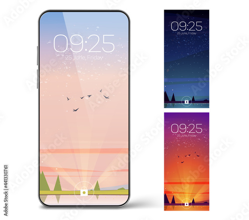 Smartphone lock screen with day and night landscape. Mobile phone onboard page with date and time, natural wallpapers background for cellphone device, Cartoon user interface design set