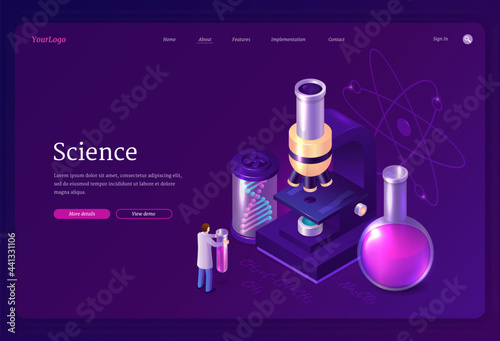 Science isometric landing page, tiny scientist working in lab with huge microscope, medical beaker and dna spiral projection, scientific laboratory development, chemistry research 3d vector web banner