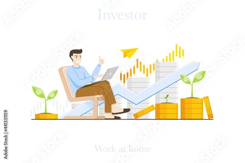 Investors analyze their investments at home with laptop. for the growth of profits and dividends. Vector illustration