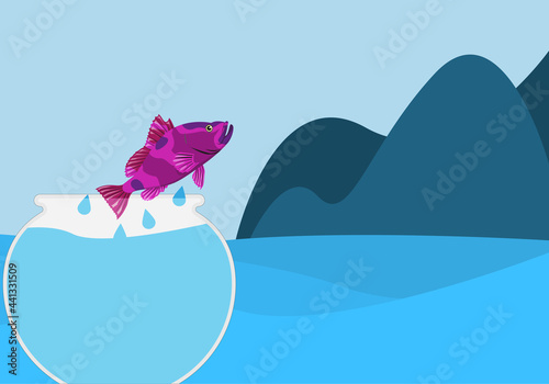 Pez escapando hacia el mar desde la pecera.