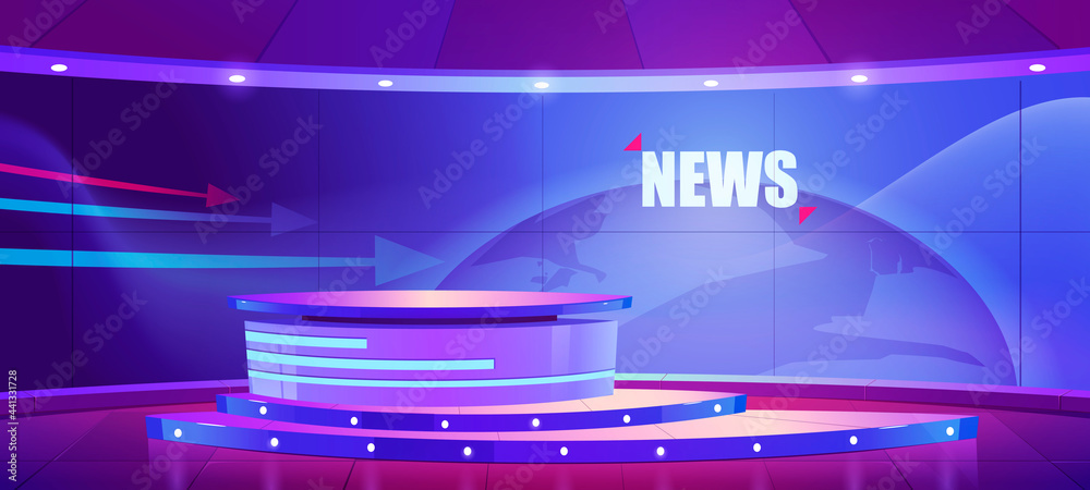 Tv news studio, television broadcast room interior with round table and earth globe on screen. Video channel studio with newscaster desk, lighting equipment, Cartoon vector illustration - obrazy, fototapety, plakaty 