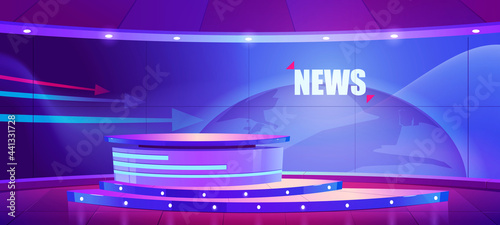 Tv news studio, television broadcast room interior with round table and earth globe on screen. Video channel studio with newscaster desk, lighting equipment, Cartoon vector illustration