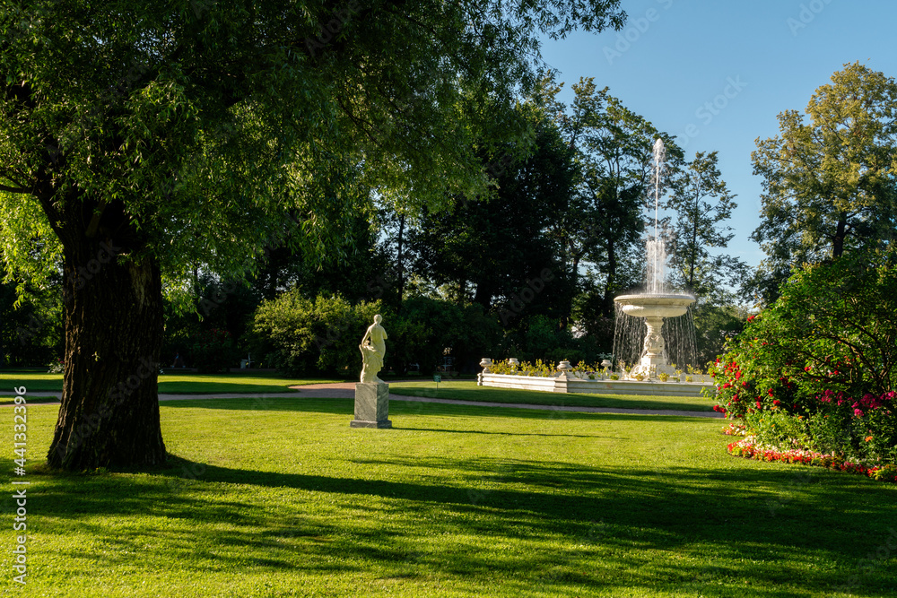 Marble fountain-vase in Catherine Park in Tsarskoye Selo on a sunny summer day, Pushkin, Saint Petersburg, Russia