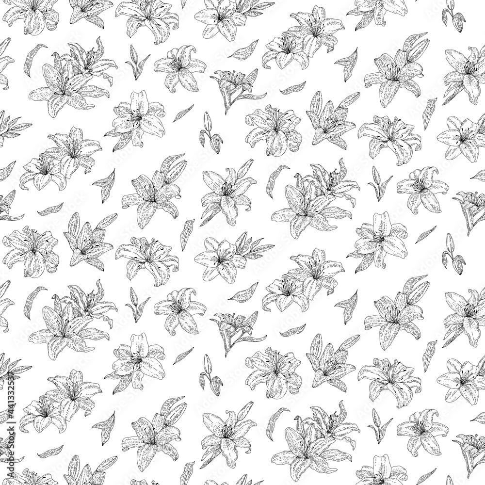 Pink Lily flowers seamless pattern. Vector doodle hand drawn sketch style illustrations collection isolated. Botanical illustration for packaging, menu cards, posters, prints.