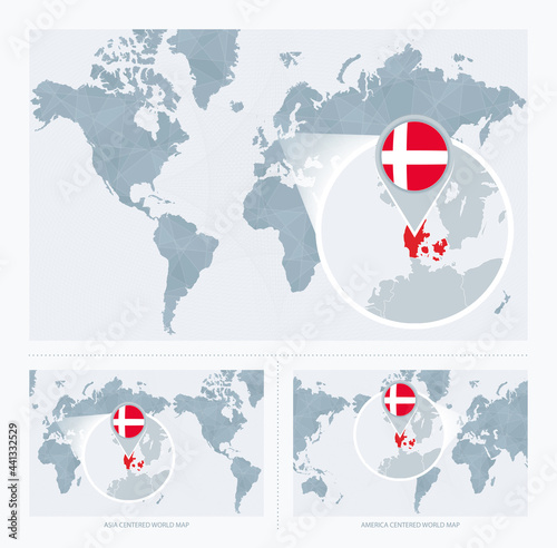 Magnified Denmark over Map of the World, 3 versions of the World Map with flag and map of Denmark.