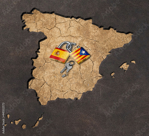 Conceptual image of the political conflict between Spain and Catalonia. Padlocks on map of Spain. Declaration of independence on 27 October 2017. photo