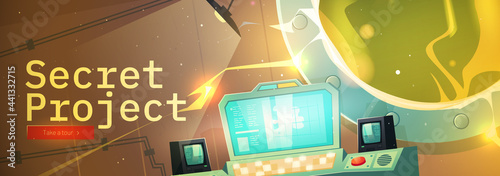 Secret project cartoon banner. Underground bunker or scientific laboratory and glowing plasma in open vault door. Headquarters base control panel with screen and red button Vector web header