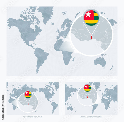 Magnified Togo over Map of the World, 3 versions of the World Map with flag and map of Togo.