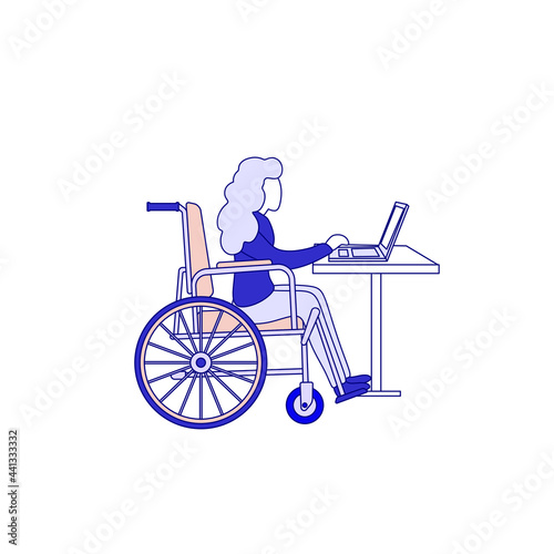 A disabled girl in a wheelchair works at a laptop. Social inclusion concept. Remote accessible work for a disabled person