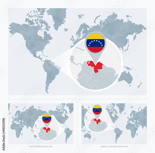 Magnified Venezuela over Map of the World, 3 versions of the World Map with flag and map of Venezuela.