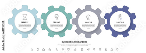 Infographic gears with four steps. Modern vector timeline with cogwheels for business concept, chart, diagram, web, banner, presentations, flowchart, levels