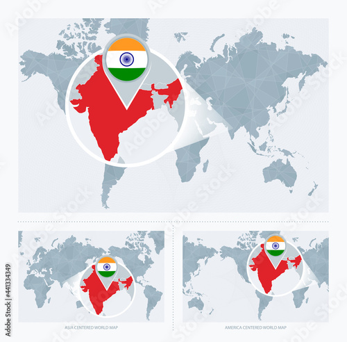 Magnified India over Map of the World, 3 versions of the World Map with flag and map of India.