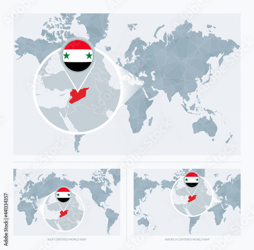 Magnified Syria over Map of the World, 3 versions of the World Map with flag and map of Syria.