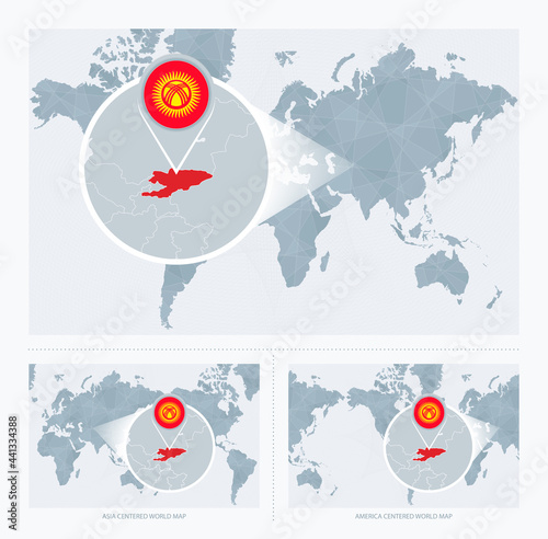Magnified Kyrgyzstan over Map of the World, 3 versions of the World Map with flag and map of Kyrgyzstan.