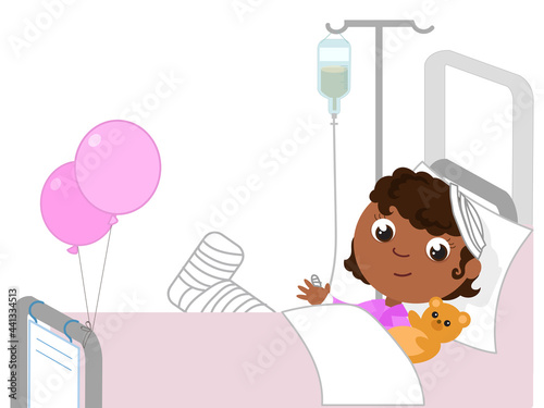 Smiling child in hospital room with broken leg and drip. Cartoon vector illustration.