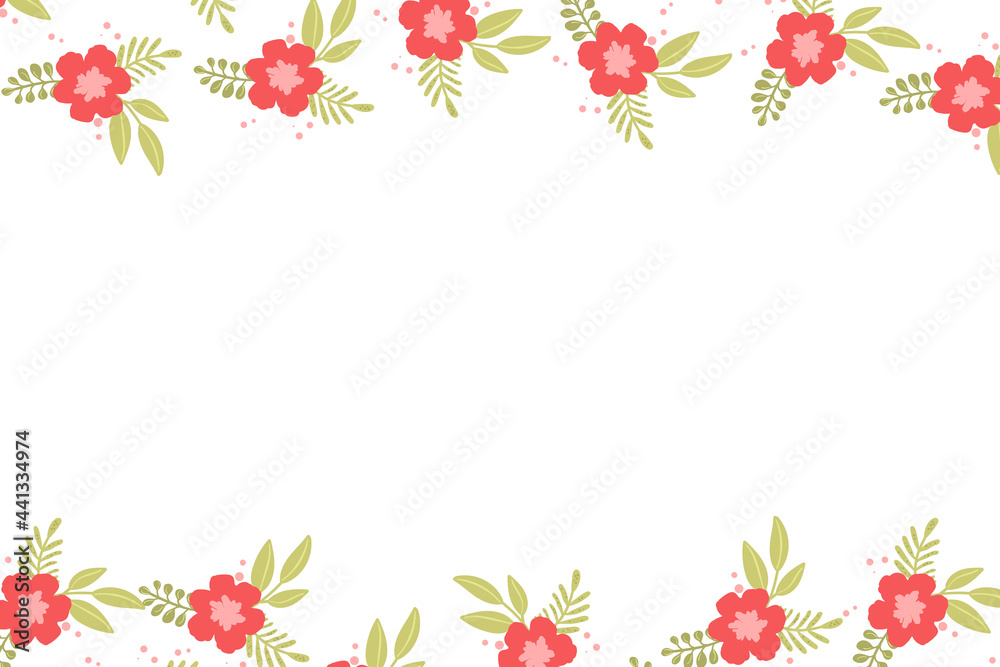 Floral frame based on traditional folk art ornaments on white background. Ornate border with pink flowers. Vector stock illustration for wallpaper, posters, card. Scandinavian style. Copy space