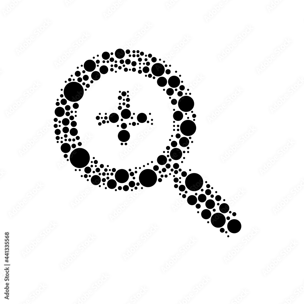 A large zoom in symbol in the center made in pointillism style. The center symbol is filled with black circles of various sizes. Vector illustration on white background A large zoom in symbol in the center made in pointillism style. The center symbol is filled with black circles of various sizes. Vector illustration on white background