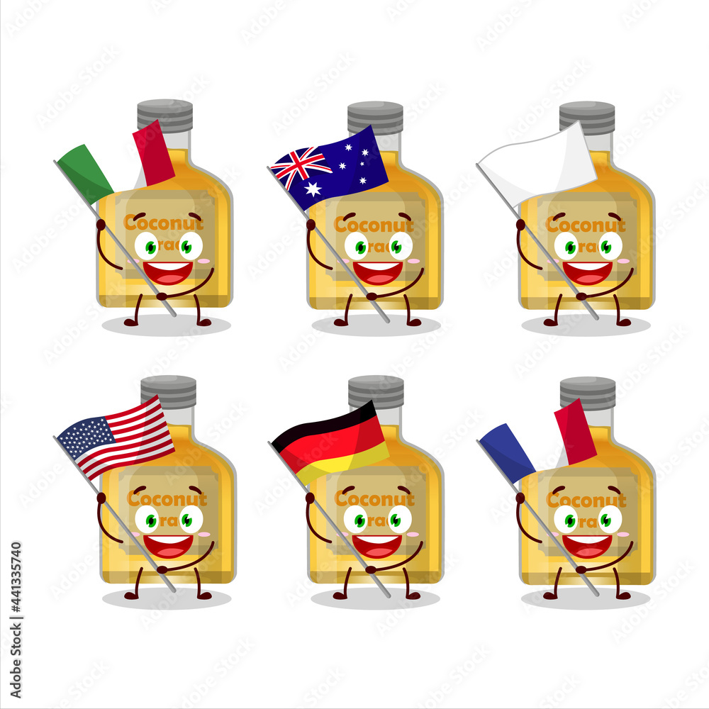 Coconut arrack cartoon character bring the flags of various countries Coconut arrack cartoon character bring the flags of various countries