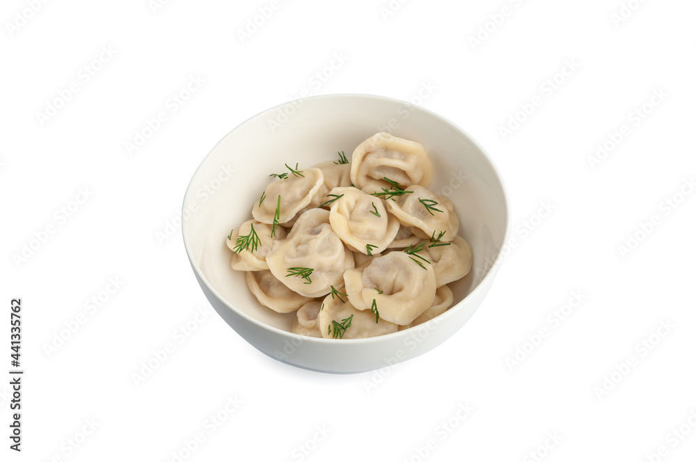 Boiled dumplings with pork. Decorated with greenery. White plate. View from above. White background. Isolated. Boiled dumplings with pork. Decorated with greenery. White plate. View from above. White background. Isolated.