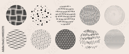 Circle textures with hand drawn textures made with ink pencil brush geometric patterns of spots dots strokes stripes lines © Alyona