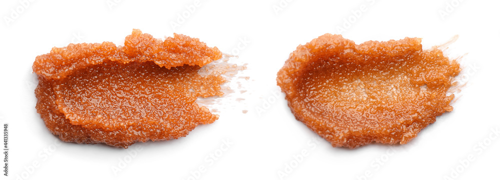Smears of body scrubs on white background, collage. Banner design Smears of body scrubs on white background, collage. Banner design