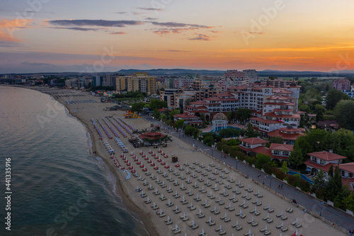 Aerial view to a sea resort Sunny Beach at sunset