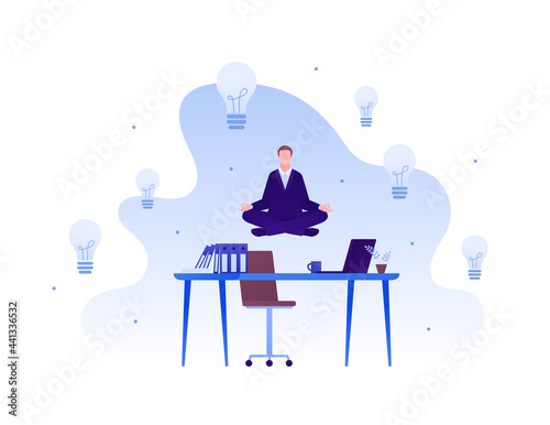 Wellbeing and yoga at work concept. Vector flat business illustration. Businessman in suit fly over desk in meditation relax pose. Lightbulb idea and productivity symbol.
