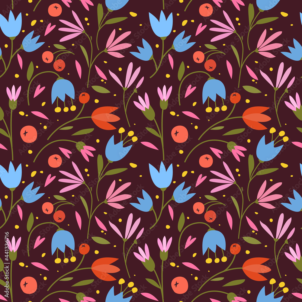 Cute seamless pattern with colorful small flowers. Small flowers on Dark background