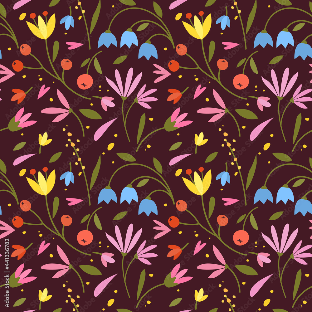 Cute seamless pattern with colorful small flowers. Small flowers on Dark background Cute seamless pattern with colorful small flowers. Small flowers on Dark background