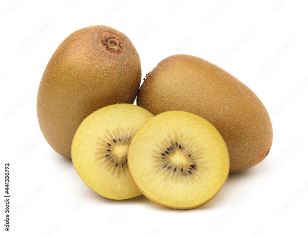 Golden kiwi whole and sliced isolated on white background, cut out.