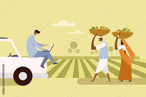 A corporate business executive looks at is laptop while the farmers with their produce walking in the farm
